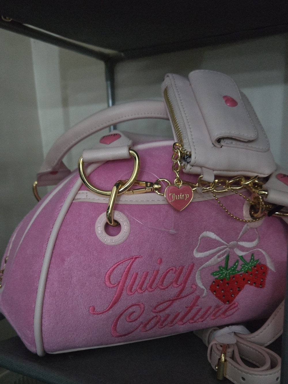 Juicy Couture Pink Velvet Strawberry Dome Bag with Gold Hardware